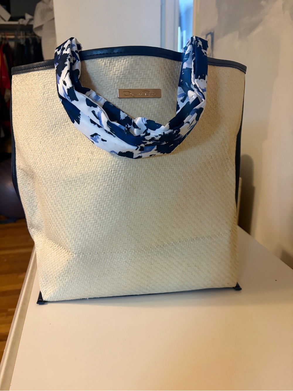Oscar de la Renta Neutral Straw Tote with Blue Floral Handle Accents